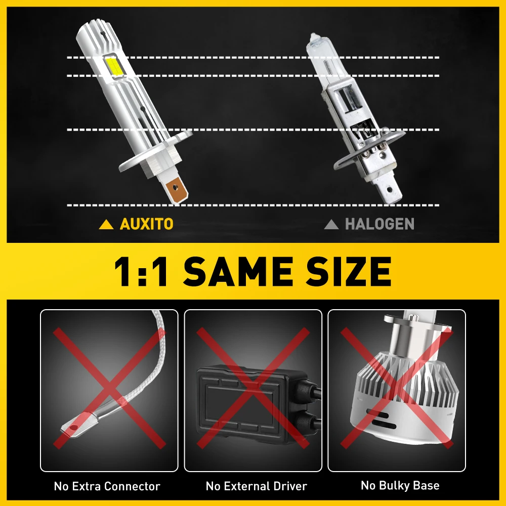 AUXITO 2Pcs 12000LM H1 LED Headlight Bulb H1 LED Canbus Car Head Fog Light Fanless Wireless Mini Size Auto Lamp 12V 6500K White