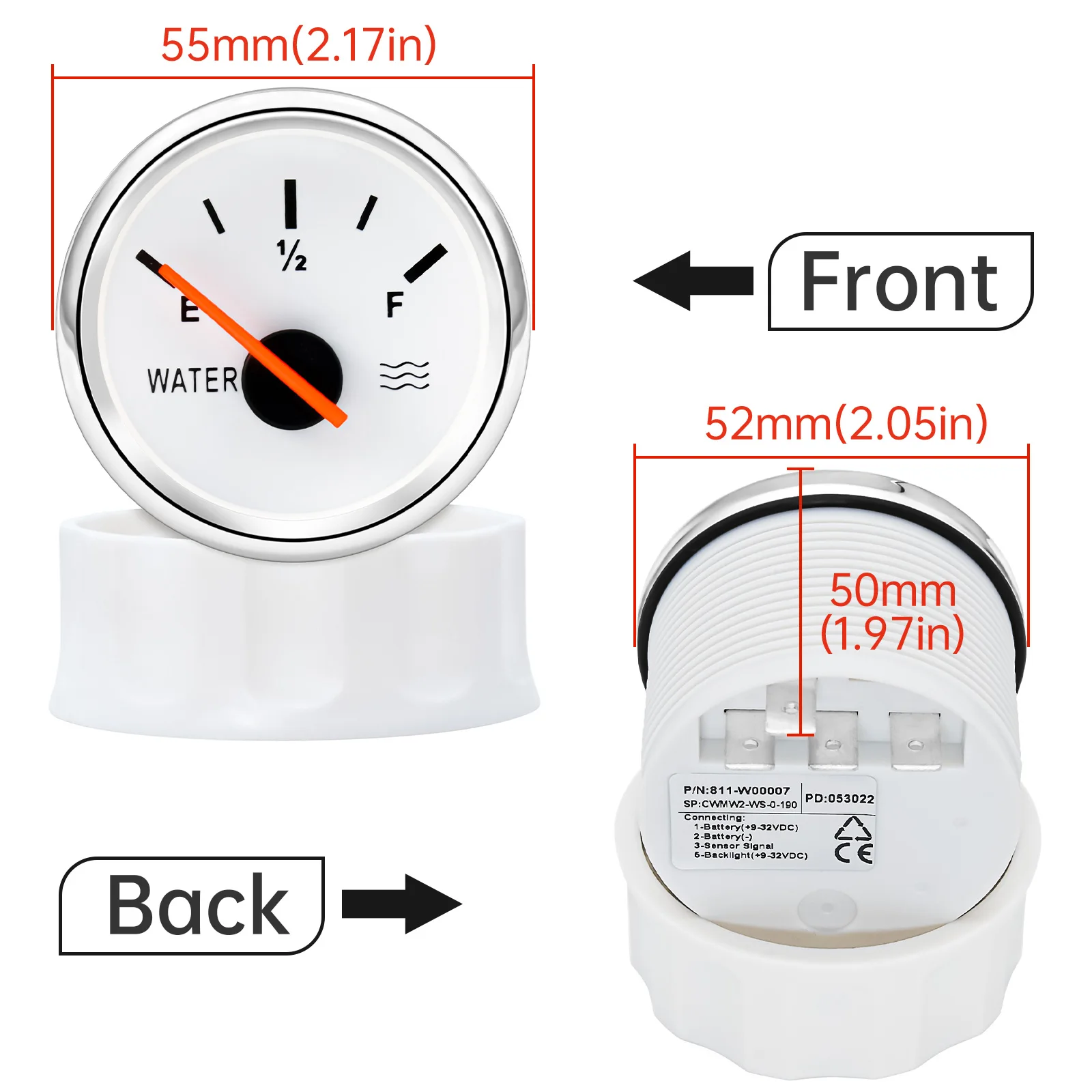 100-500mm Stainless Steel Marine Water Level Gauge Sensor Fit Boat Car Water Level Gauge Meter 0-190ohm with Red Backlight 9-32V