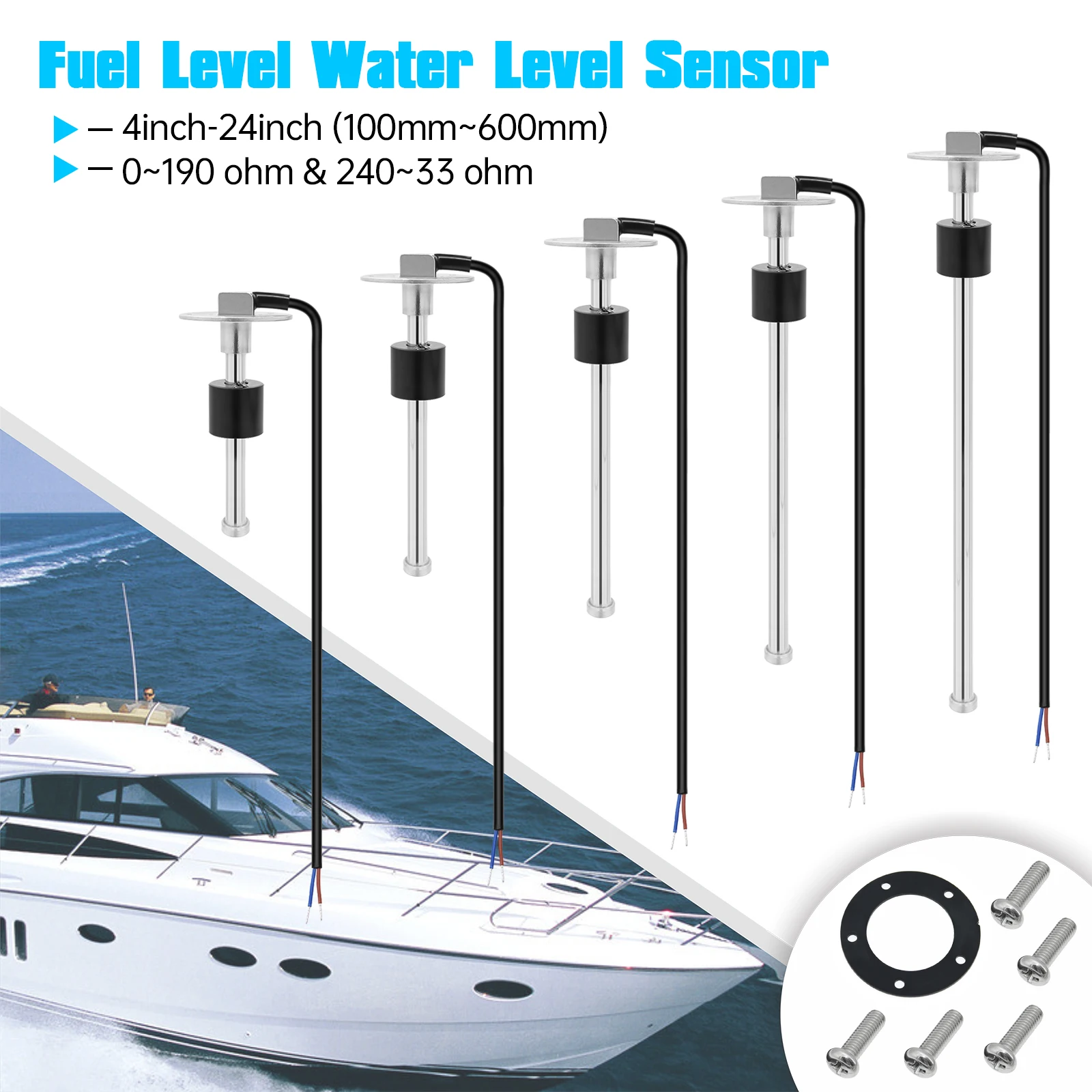 100-500mm Stainless Steel Marine Water Level Gauge Sensor Fit Boat Car Water Level Gauge Meter 0-190ohm with Red Backlight 9-32V