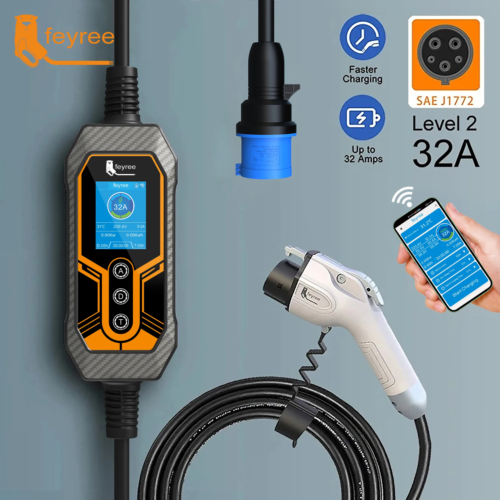 Feyree Portable EV Charger Wallbox Type1 J1772 Socket 32A 7KW 1Phase APP Control EVSE Portable Charging Box for Electric Vehicle