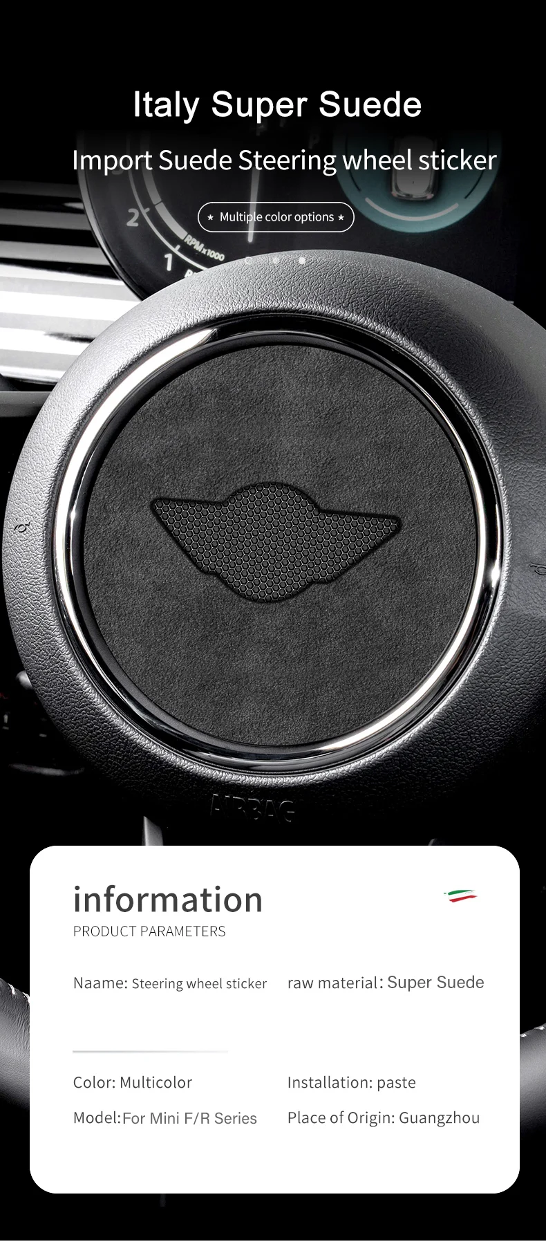 Super Suede For Mini Cooper F54 F55 F56 F57 F60 R55 R56 R57 R58 R59 R60 R61 Flannel Car Steering Wheel Center Cover Trim Sticker