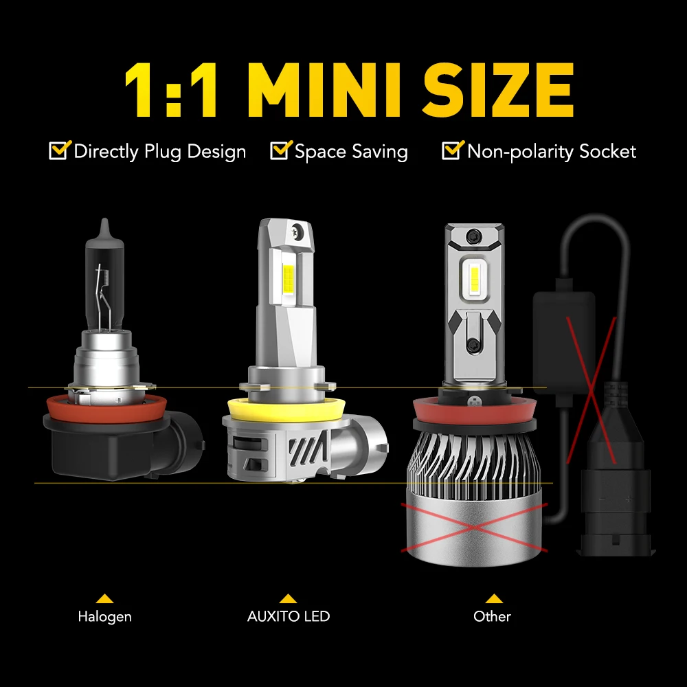 2Pcs AUXITO M3S H8 H11 LED Headlight Bulb Canbus Super Bright with 16-CSP Chips Hb3 9005 LED Lights for Car 20000LM 80W 2024 NEW