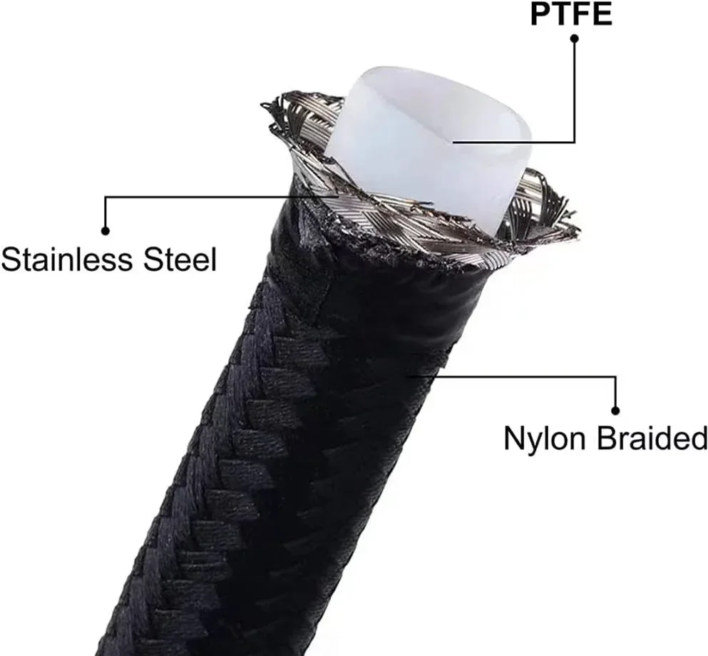 An6 An8 An10 3m/10ft E85 Tube Nylon Stainless Steel Braided PTFE Black Fuel Line Fitting Kit with 6 pcs Swivel Hose Ends