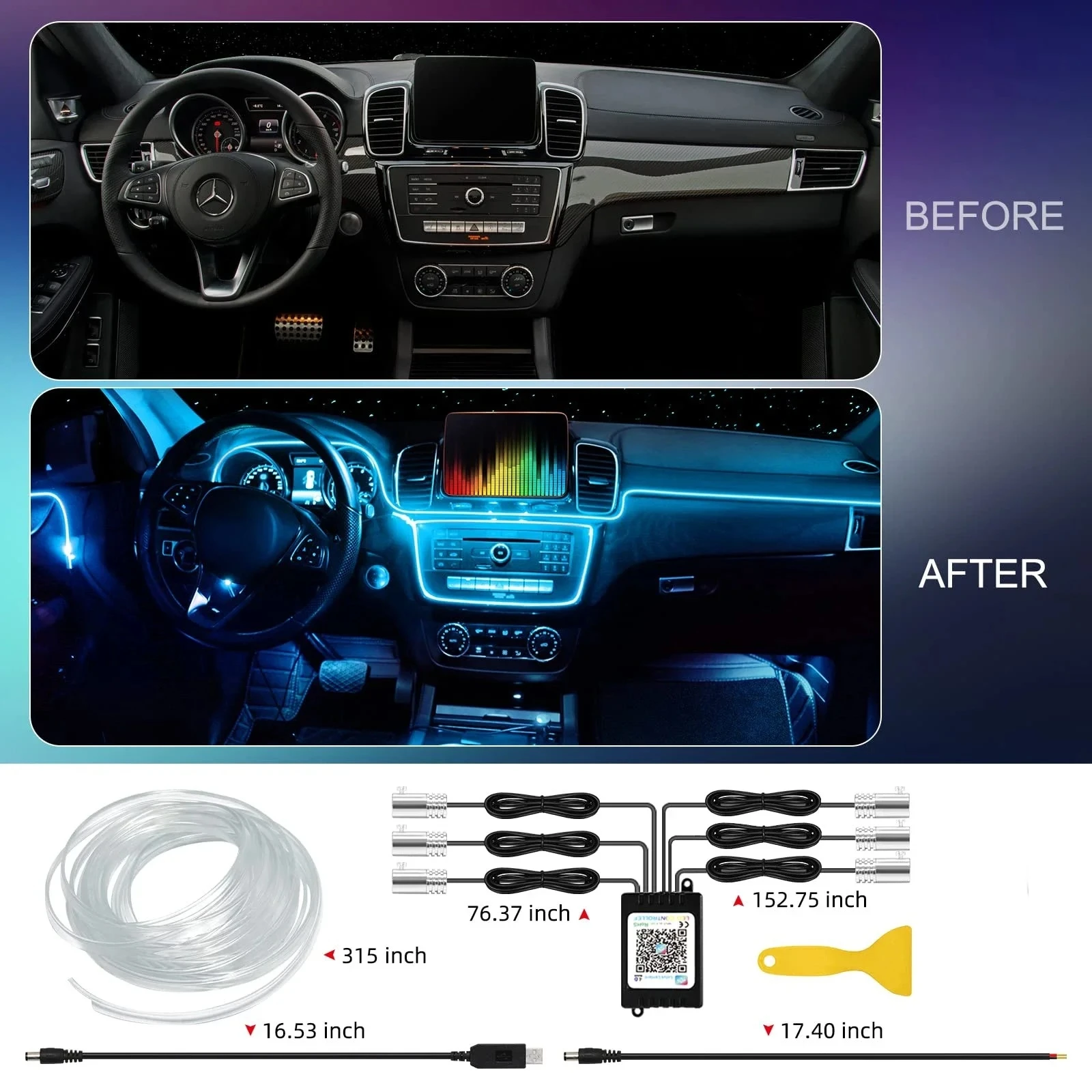 LED Car Interior Ambient Strip Lights RGB Fiber Optic Atmosphere Neon Lighting Kit W/ APP Remote Control Auto Decorative Lamps