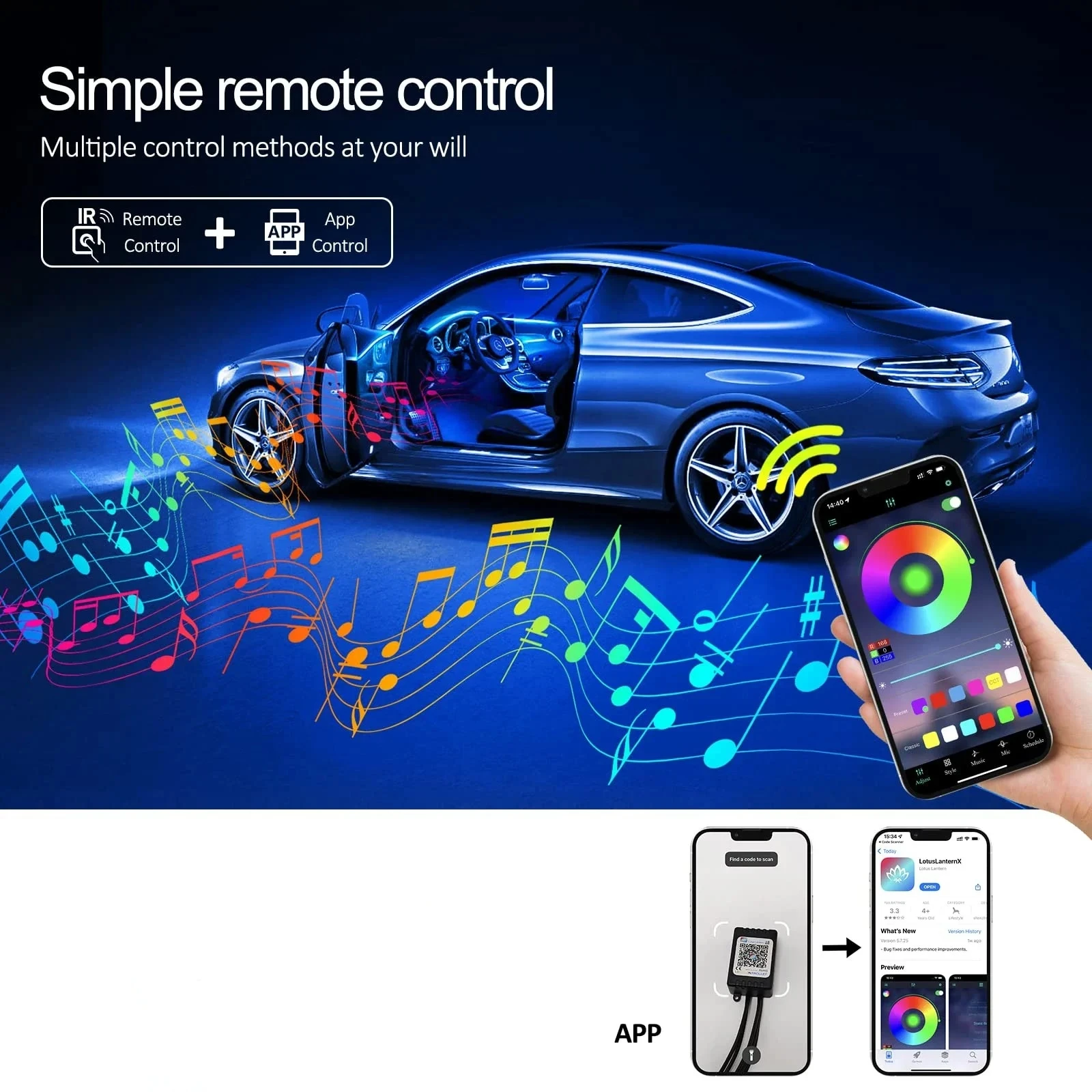 LED Car Interior Ambient Strip Lights RGB Fiber Optic Atmosphere Neon Lighting Kit W/ APP Remote Control Auto Decorative Lamps