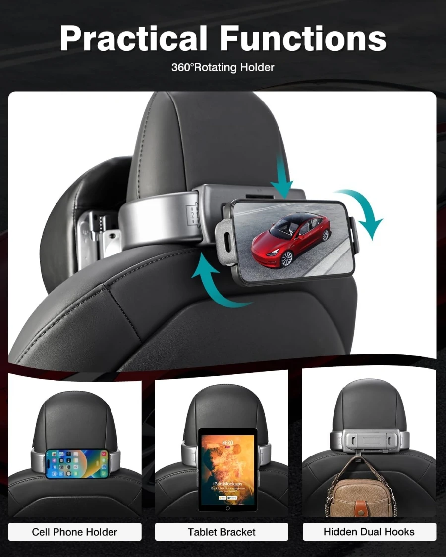 For Tesla Model Y Model 3 Headrest Pillow Adjustable Car Seat Headrest with 360°Rotating Phone/Tablet Bracket Holder Neck Rest