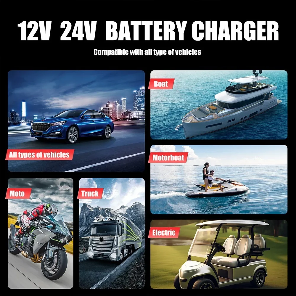 Portable 25A/15A Smart Car Battery Charger for 12V-24V Motorcycle Lead Acid AGM GEL LiFePo4 Batteries Car Booster Pulse Repair