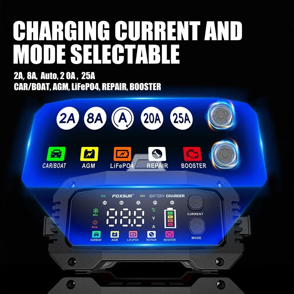 Portable 25A/15A Smart Car Battery Charger for 12V-24V Motorcycle Lead Acid AGM GEL LiFePo4 Batteries Car Booster Pulse Repair