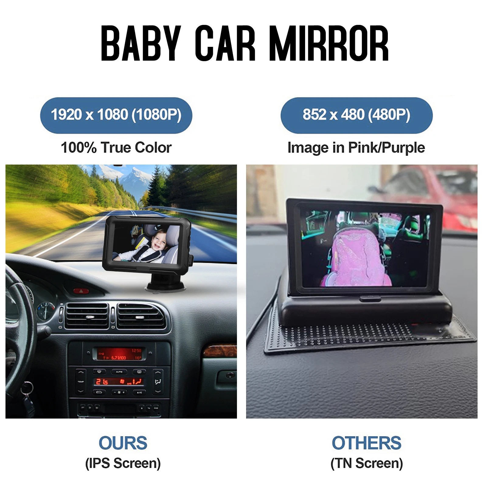 Baby Car Mirror1080P Baby Monitor with Camera Baby Car Mirror with 4.3'' IPS Screen Night Vision Function Adjustable Wide