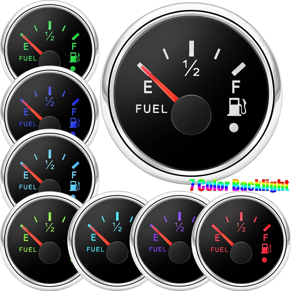 Waterproof 52mm Fuel Level Gauge with Flash Alarm+Oil Float Sensor 0-190 OHM Fuel Tank Meter 7Color LED for Car Yacht 12V Custom