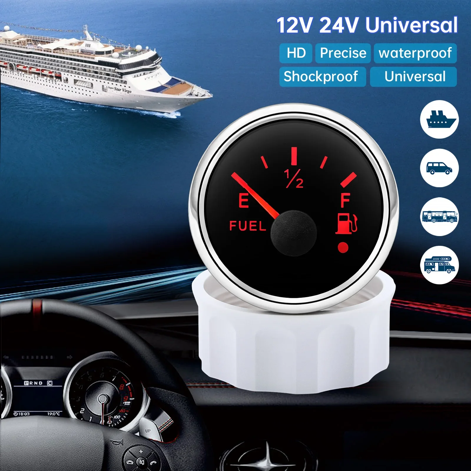 Waterproof 52mm Fuel Level Gauge with Flash Alarm+Oil Float Sensor 0-190 OHM Fuel Tank Meter 7Color LED for Car Yacht 12V Custom