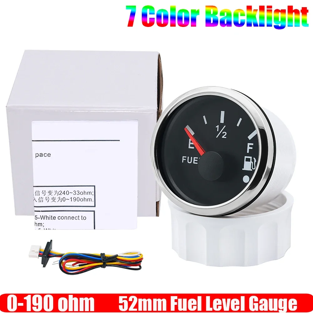 Waterproof 52mm Fuel Level Gauge with Flash Alarm+Oil Float Sensor 0-190 OHM Fuel Tank Meter 7Color LED for Car Yacht 12V Custom