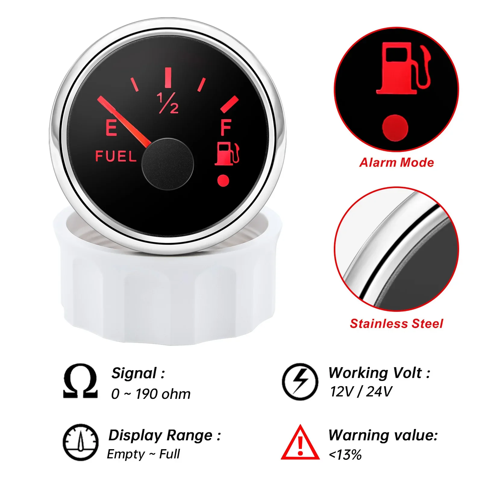Waterproof 52mm Fuel Level Gauge with Flash Alarm+Oil Float Sensor 0-190 OHM Fuel Tank Meter 7Color LED for Car Yacht 12V Custom