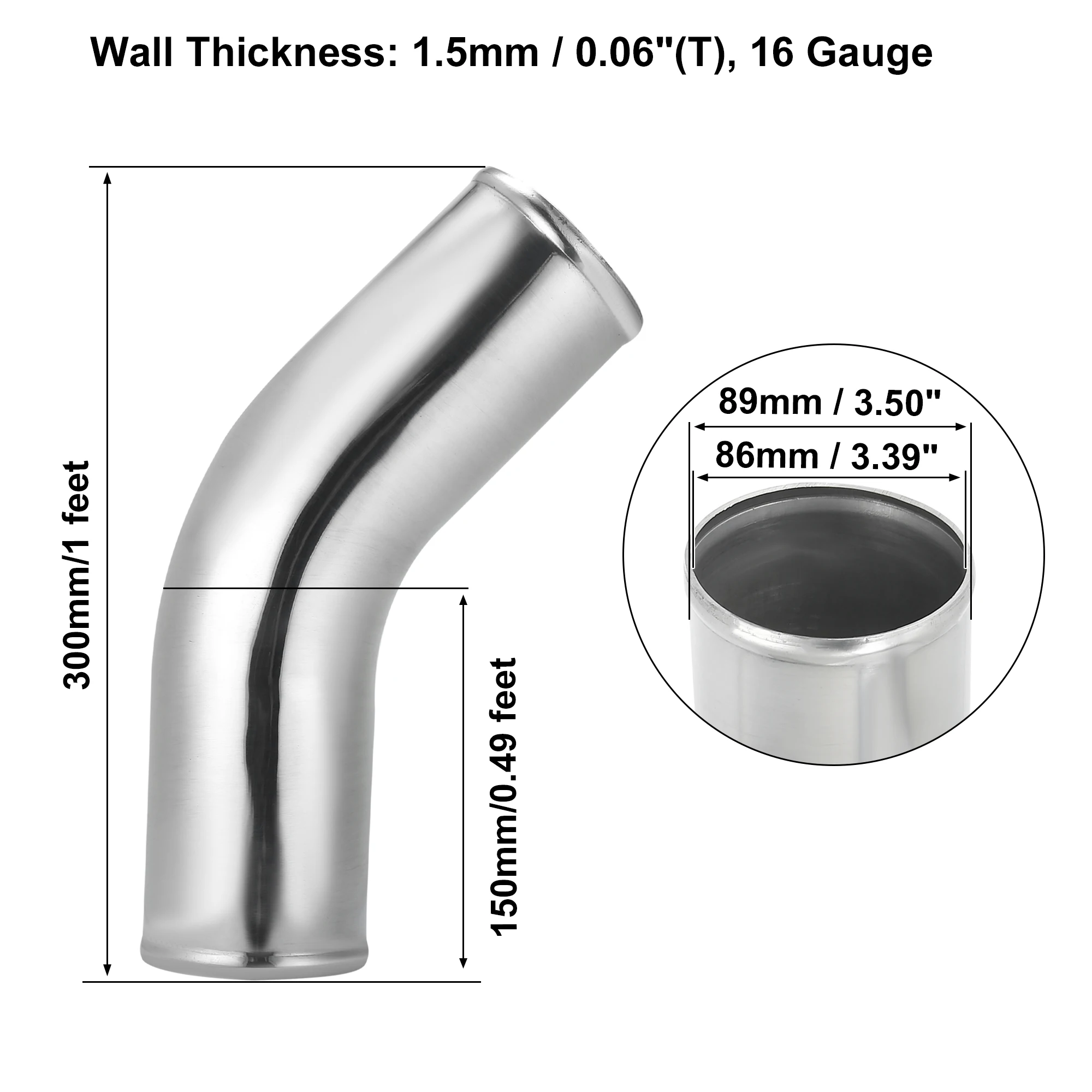 X Autohaux Aluminum Alloy Intake Tube OD 38/45/51/63/76/89/102MM Intercooler Pipe Air Tube 0 45 Degrees 300mm Long for Auto Car