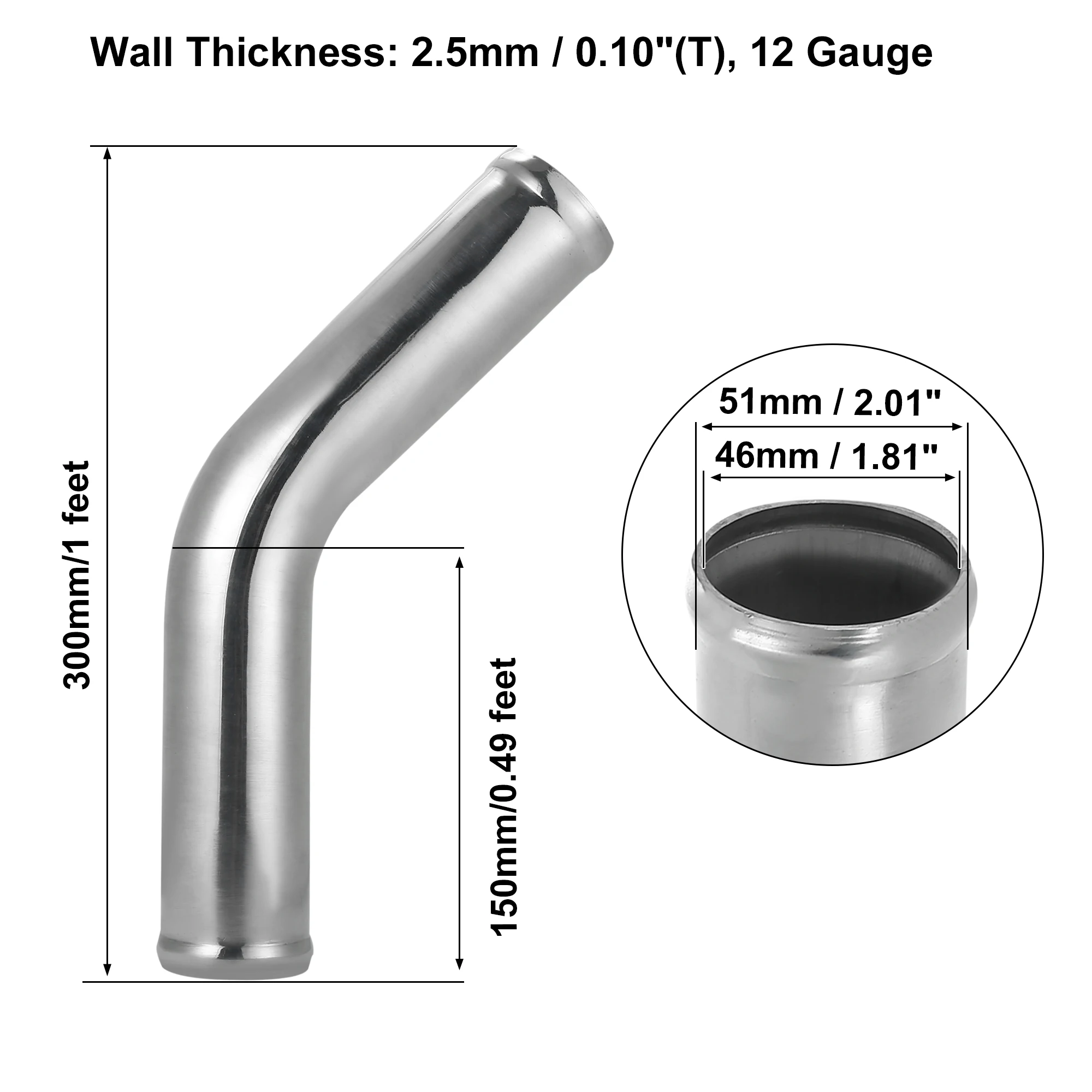 X Autohaux Aluminum Alloy Intake Tube OD 38/45/51/63/76/89/102MM Intercooler Pipe Air Tube 0 45 Degrees 300mm Long for Auto Car