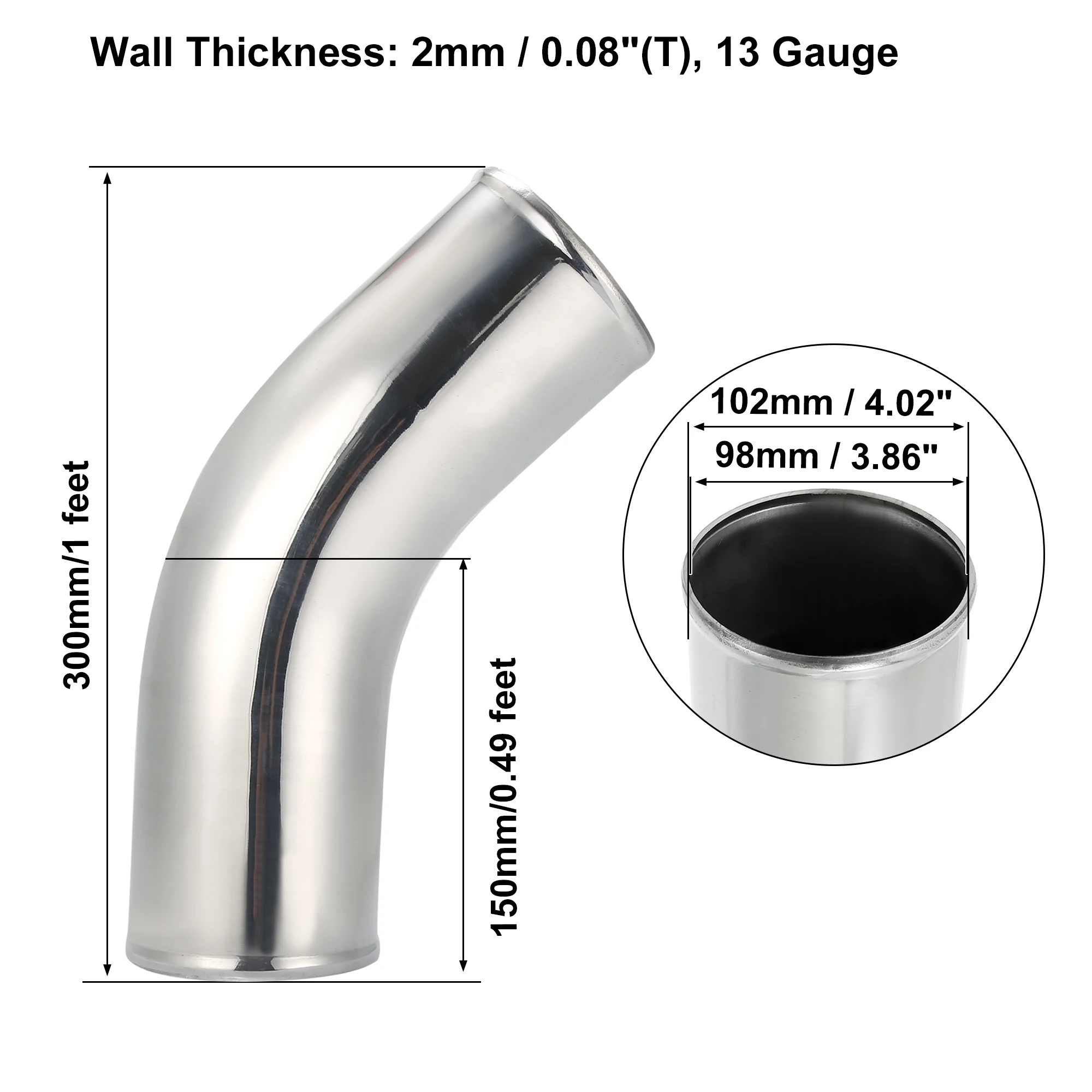 X Autohaux Aluminum Alloy Intake Tube OD 38/45/51/63/76/89/102MM Intercooler Pipe Air Tube 0 45 Degrees 300mm Long for Auto Car