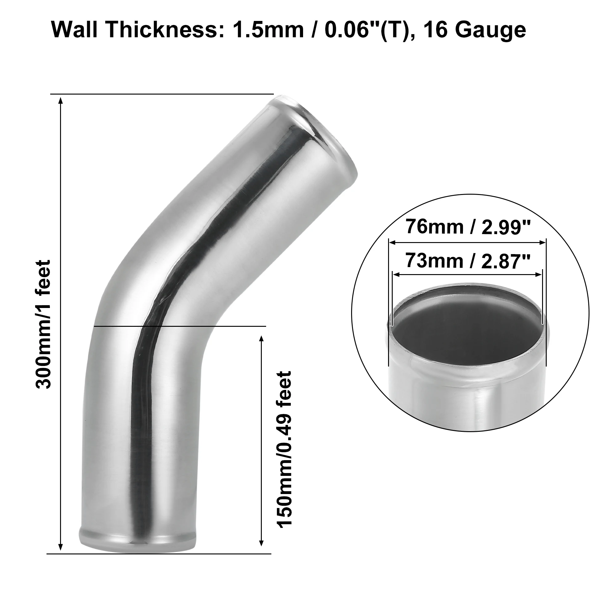 X Autohaux Aluminum Alloy Intake Tube OD 38/45/51/63/76/89/102MM Intercooler Pipe Air Tube 0 45 Degrees 300mm Long for Auto Car