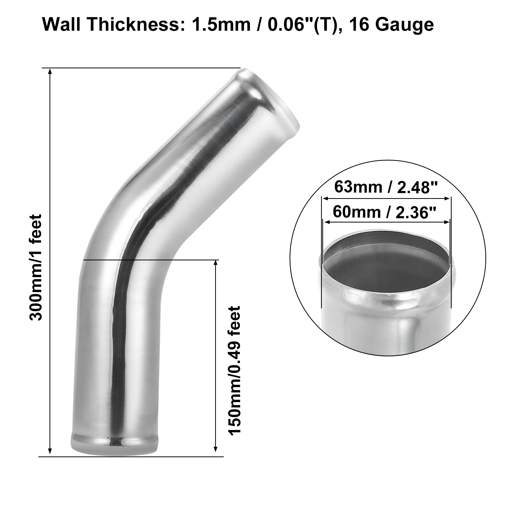 X Autohaux Aluminum Alloy Intake Tube OD 38/45/51/63/76/89/102MM Intercooler Pipe Air Tube 0 45 Degrees 300mm Long for Auto Car