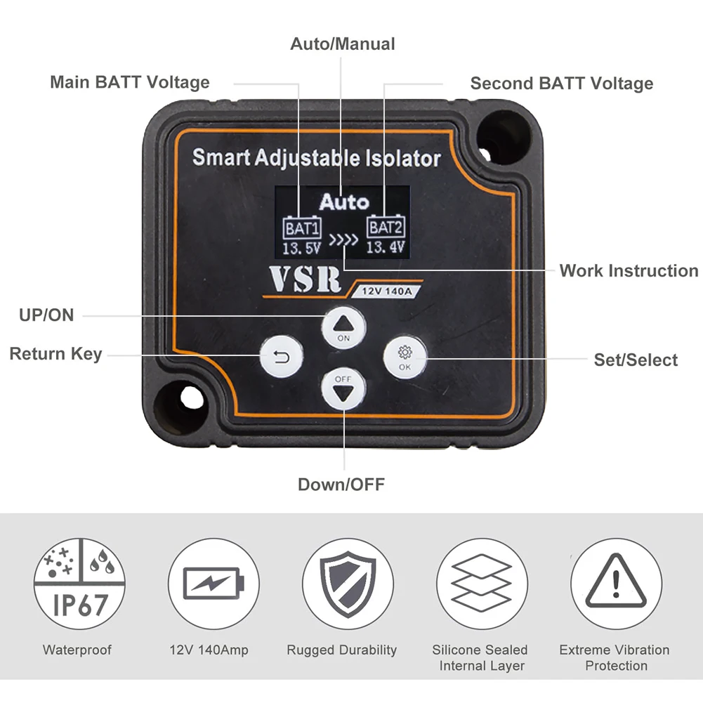 12V 140A Adjustable Dual Battery Isolator LCD Display Voltage Sensitive Split Charge Relay Voltage Setting VSR for Camper Car RV