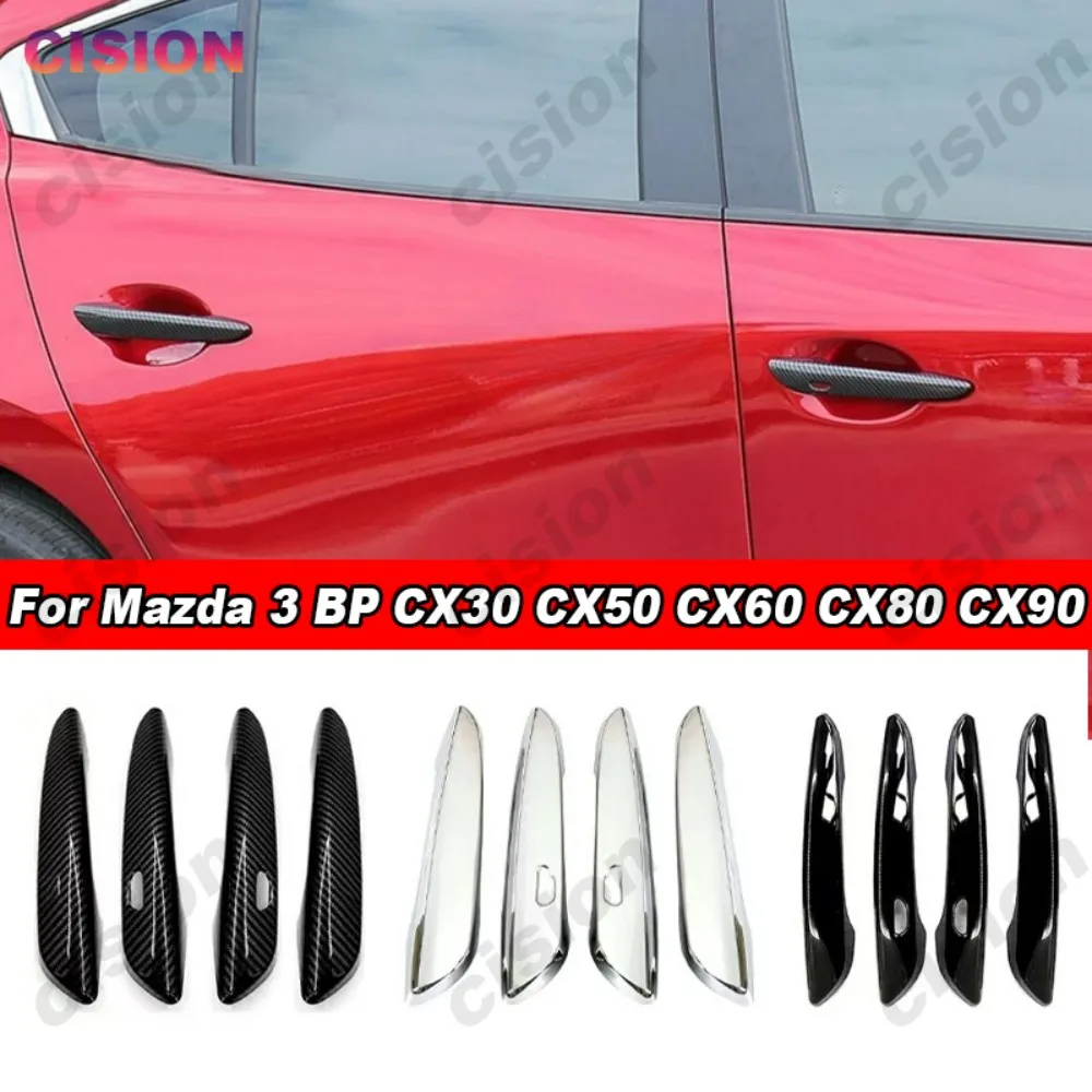 4x Black Chrome Carbon Fiber Exterior Car Door Handle Frame Panel Cover Trim ABS Sticker For Mazda 3 BP CX30 CX50 CX60 CX80 CX90