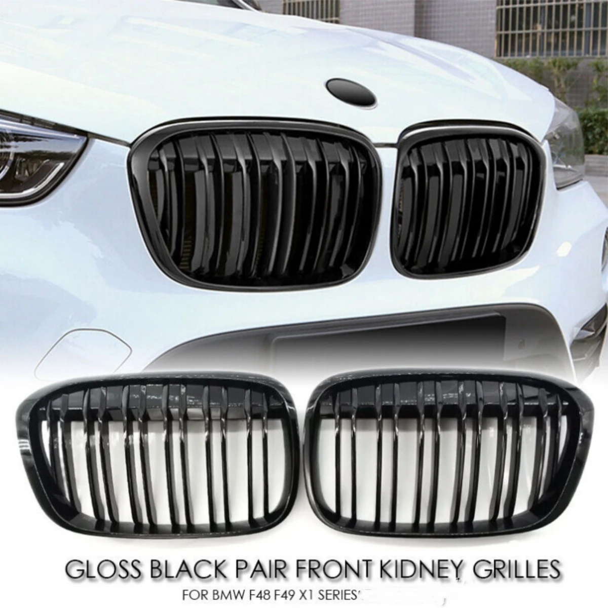 Double Line Car Front Bumper Kidney Grill Grilles For BMW X1 F48 F49 2016 2017 2018 2019 2020 M Style Racing Grille Glossy Black