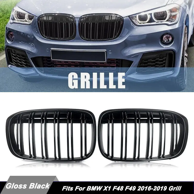 Double Line Car Front Bumper Kidney Grill Grilles For BMW X1 F48 F49 2016 2017 2018 2019 2020 M Style Racing Grille Glossy Black