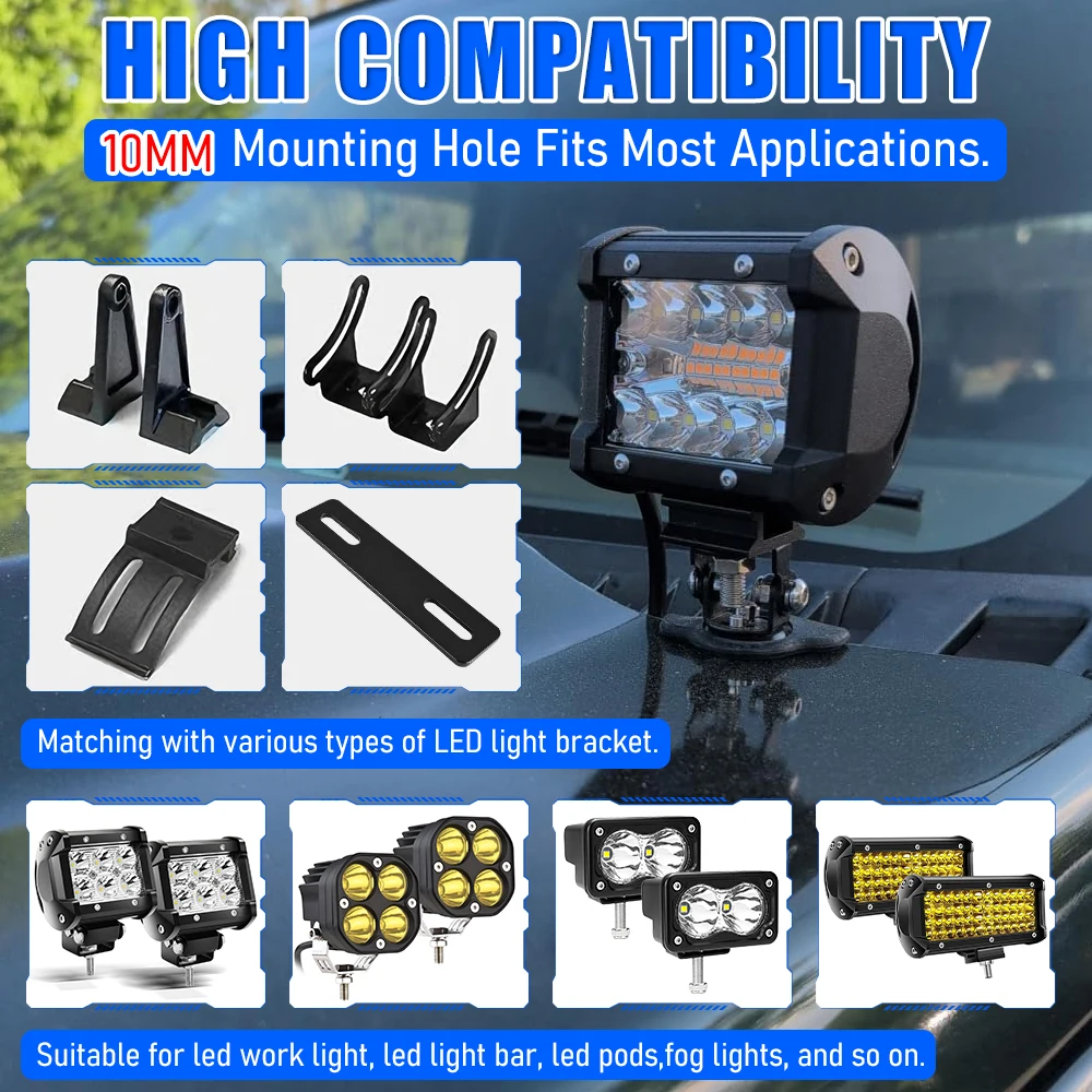 2PCS LED Work Light Mounting Bracket Universal Hood Led Light Bar Mount Bracket Foglight Lamp Holder for Off Road Jeep Truck SUV