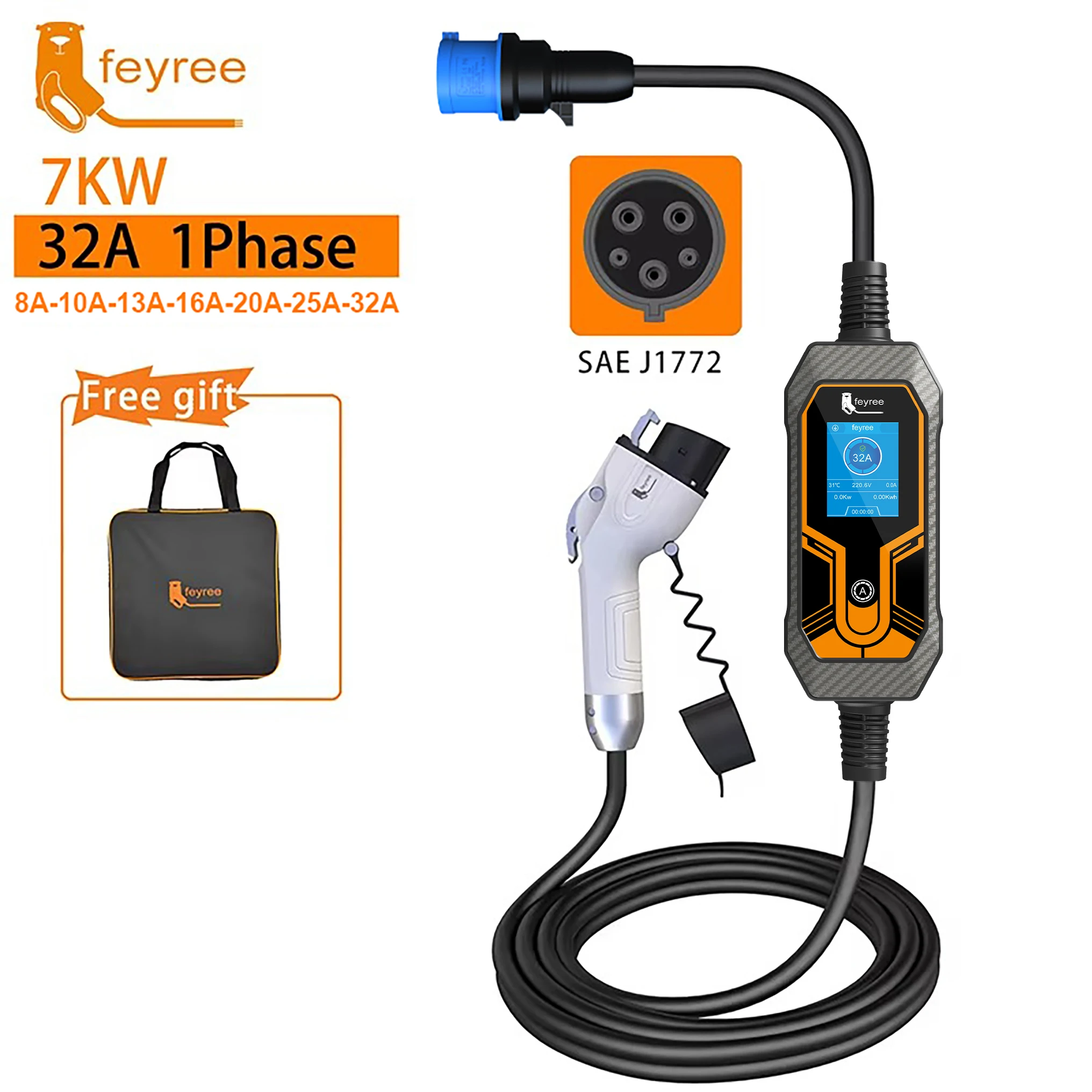 Feyree Portable EV Charger Wallbox Type1 J1772 7KW 32A 1Phase with CEE Plug EVSE Charging Box for Electric Car Charger 5m Cable