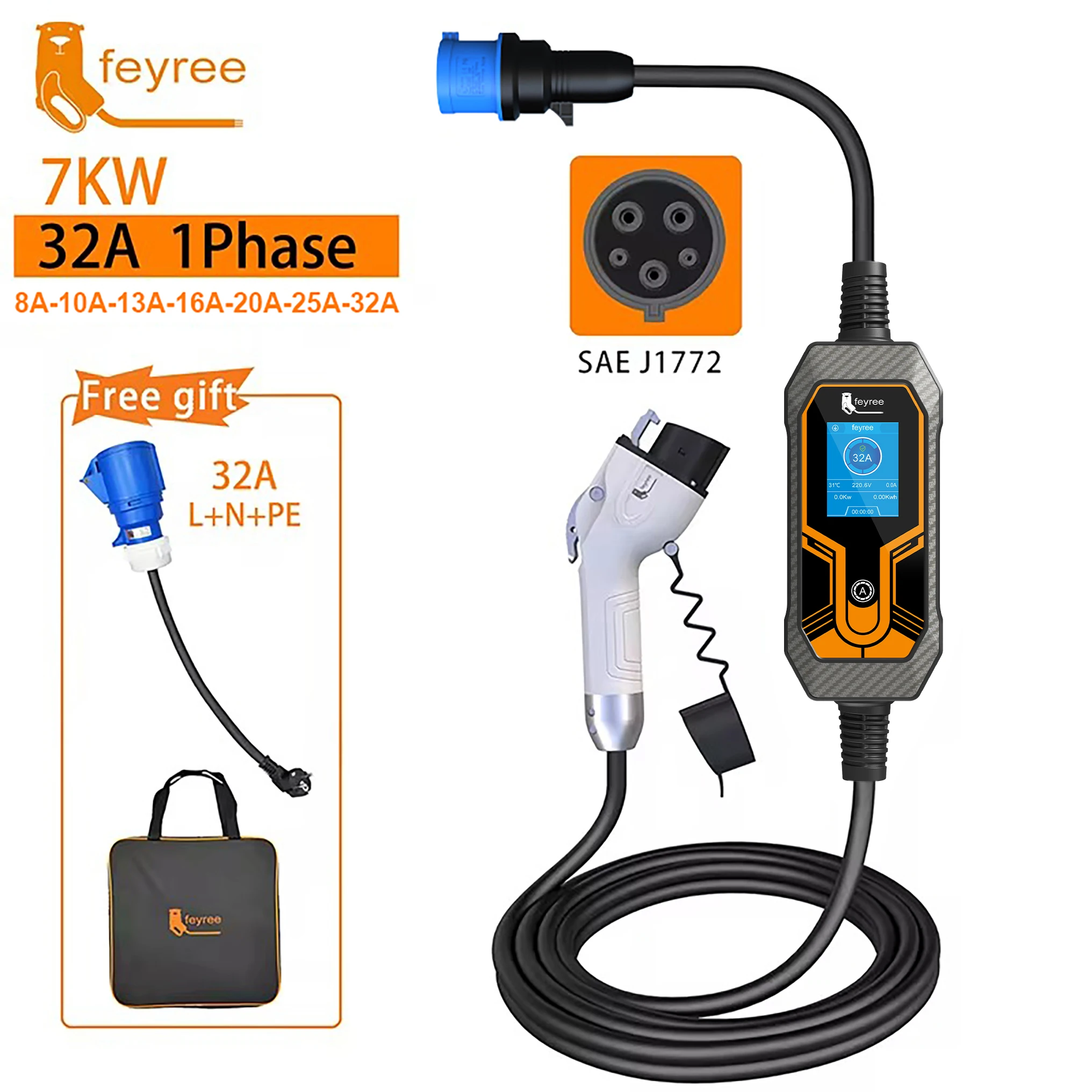 Feyree Portable EV Charger Wallbox Type1 J1772 7KW 32A 1Phase with CEE Plug EVSE Charging Box for Electric Car Charger 5m Cable