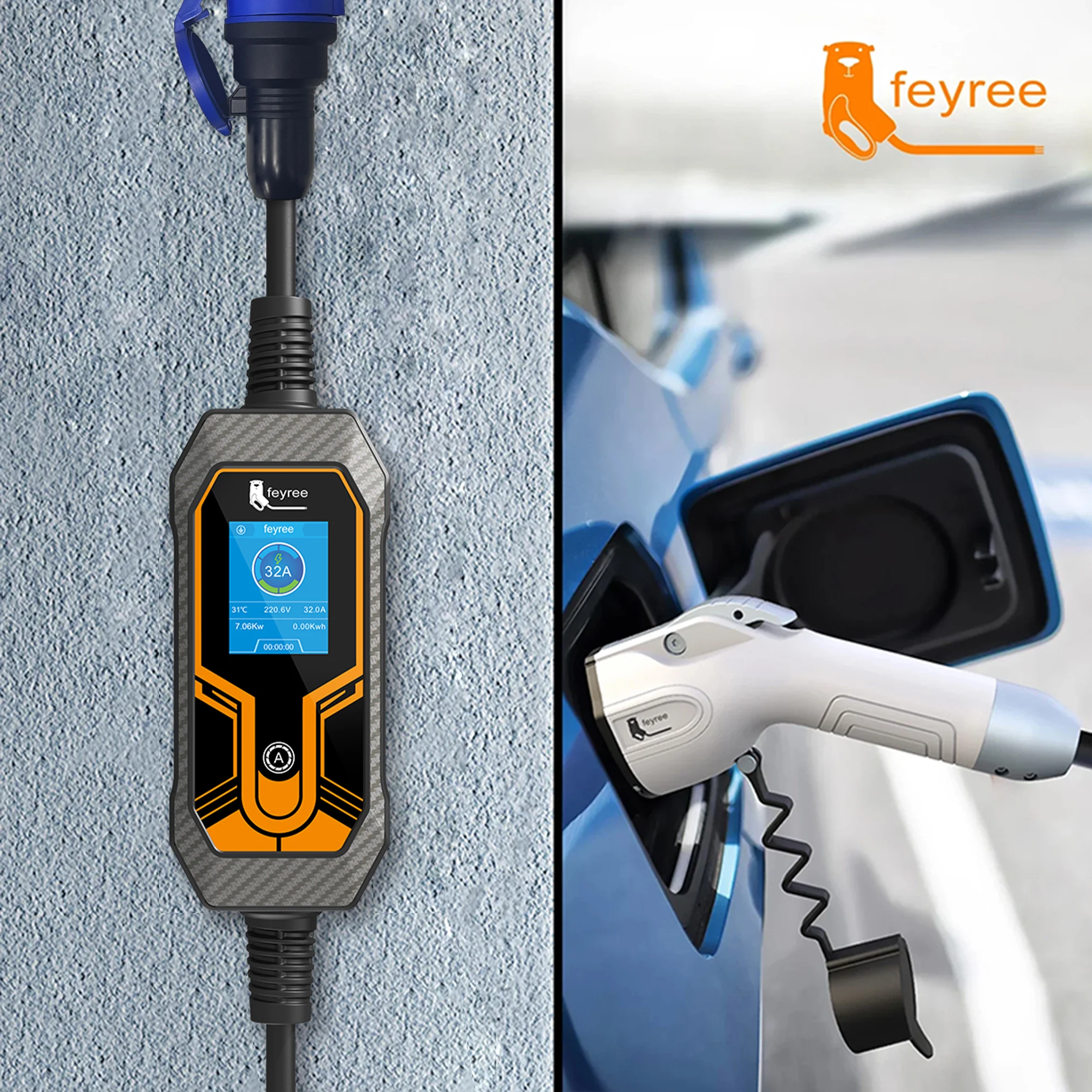 Feyree Portable EV Charger Wallbox Type1 J1772 7KW 32A 1Phase with CEE Plug EVSE Charging Box for Electric Car Charger 5m Cable