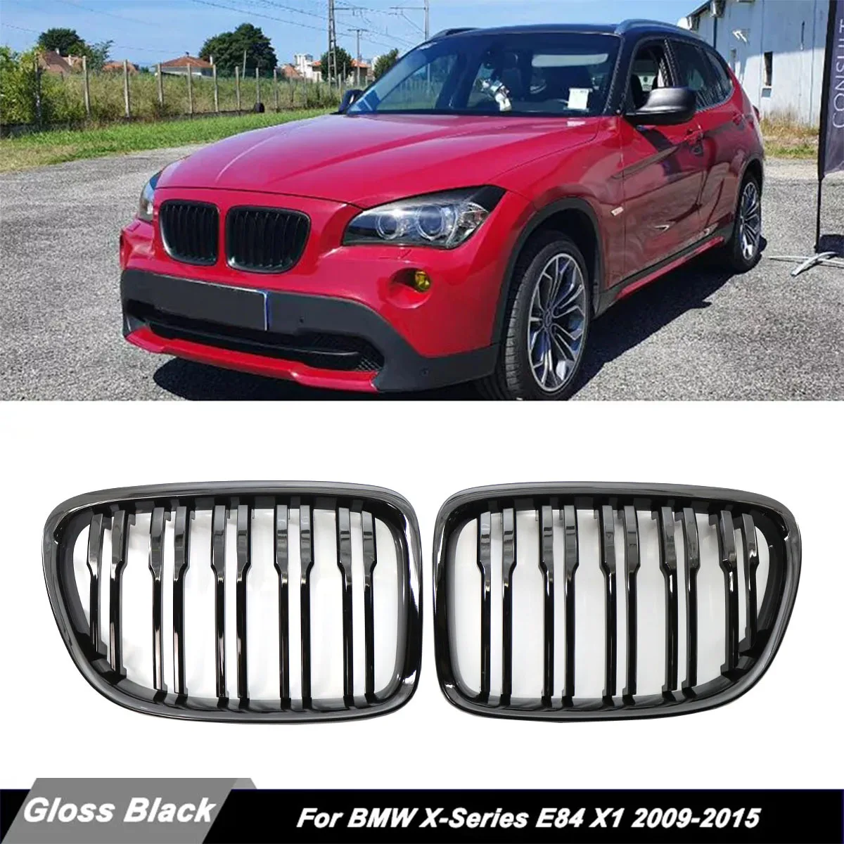 Glossy Black Car Front Bumper Kidney Grille For E84 X1 18i 20i 25i 28i 2009-2015 Double Slat Sport Racing Grill Cover