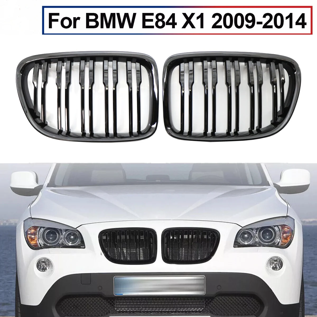 Glossy Black Car Front Bumper Kidney Grille For E84 X1 18i 20i 25i 28i 2009-2015 Double Slat Sport Racing Grill Cover