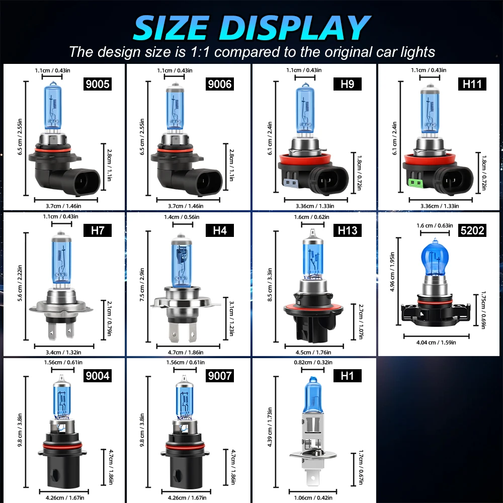 200W H4 H7 H11 HB3 HB4 Car Halogen Headlight H8 H9 9005 9006 9145 5202 H1 H13 9007 880 9012 6000K Auto Bulb Fog Lamp No Glare