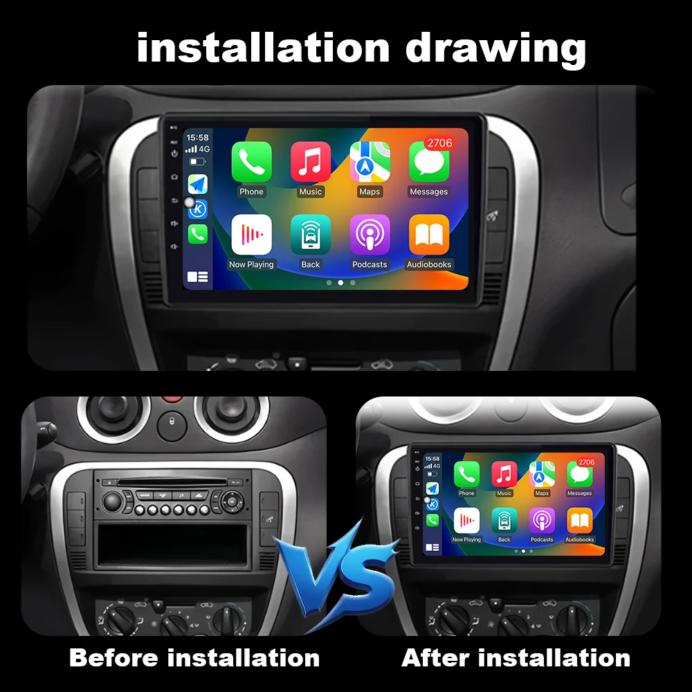 For Citroen C2 C3 2001 2002 2003 - 2010 Car Multimedia Player Android14 GPS Navigation Auto Tools DSP Stereo CarPlay QLED Screen