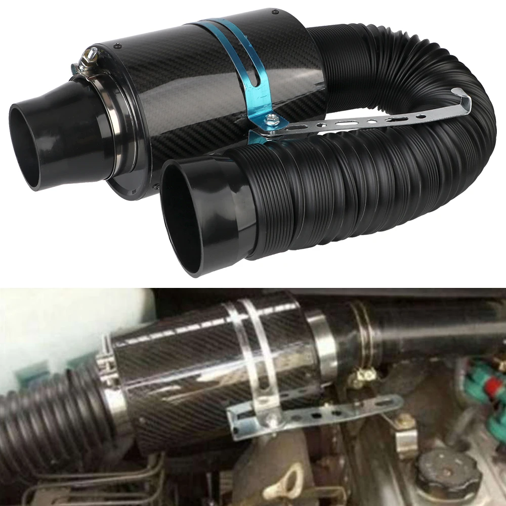 Car Carbon Fibre Cold Air Filter Feed Enclosed Intake Induction Fiber Intake Filter Box Universal 1 Set Pipe Hose Kit