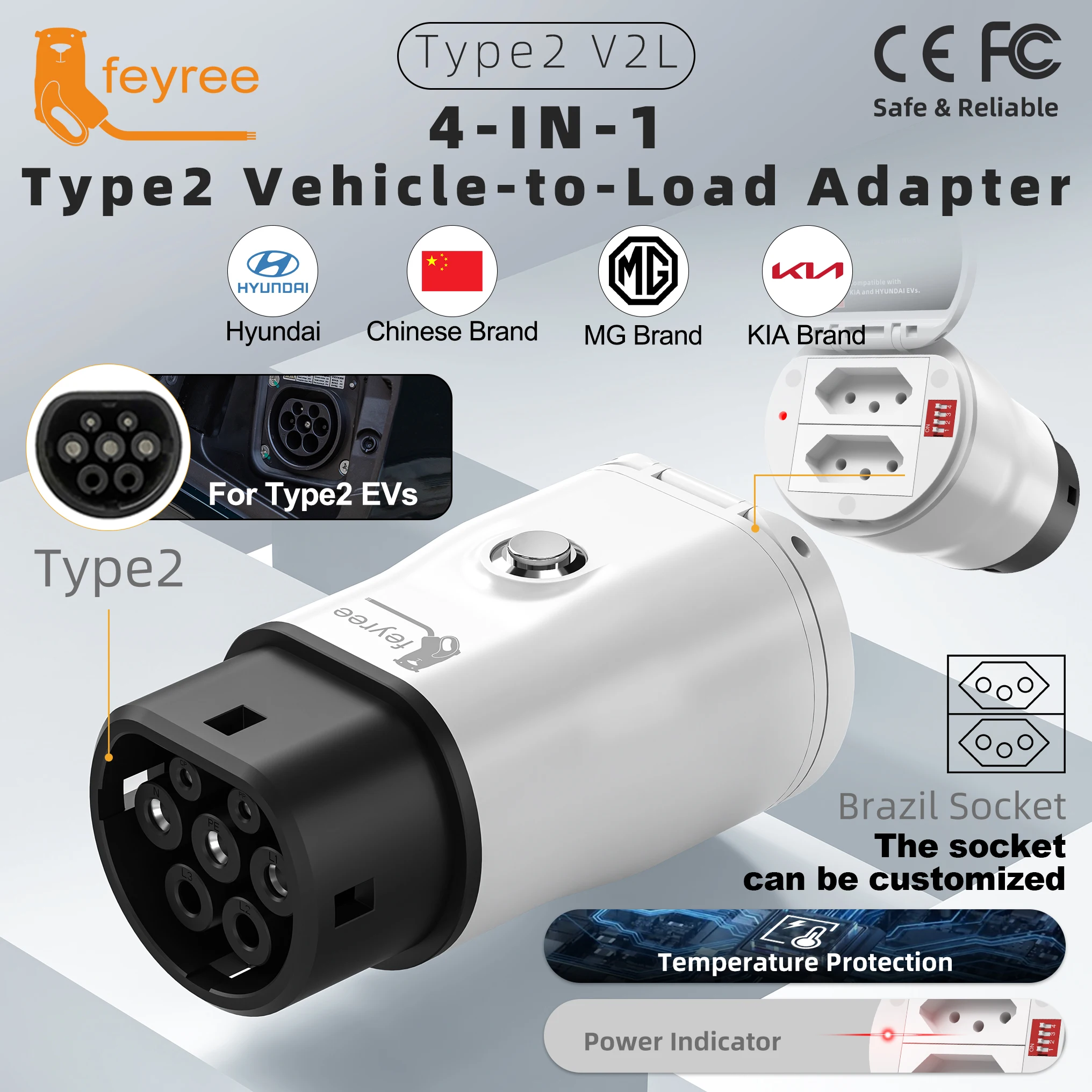 Feyree Type2 V2L Discharger Adapter for MG/Kia/Hyundai/Chinese EVs, Vehicle to Load Power Converter and Safety Switch for Campin