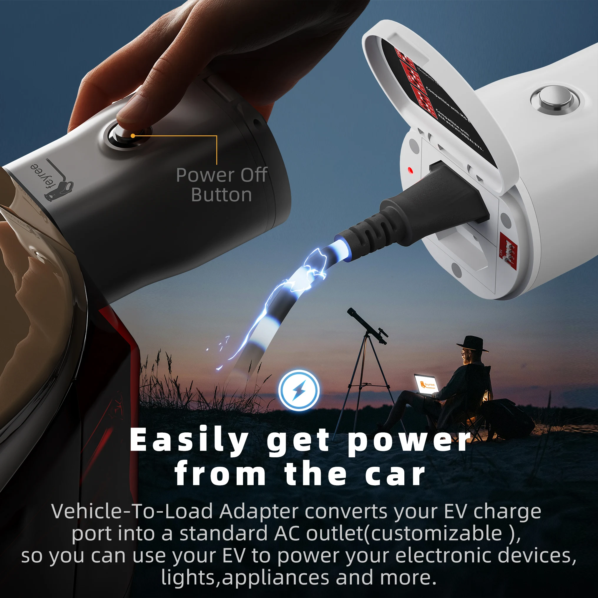Feyree Type2 V2L Discharger Adapter for MG/Kia/Hyundai/Chinese EVs, Vehicle to Load Power Converter and Safety Switch for Campin