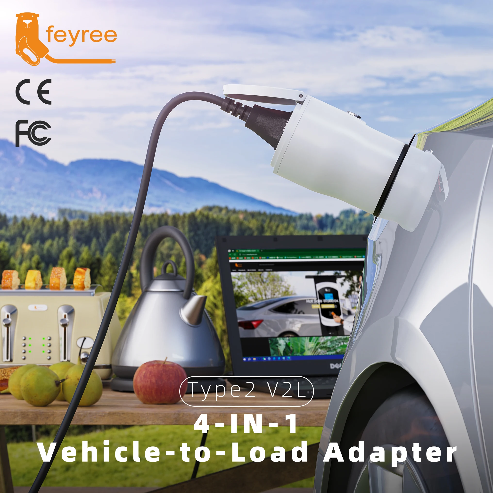 Feyree Type2 V2L Discharger Adapter for MG/Kia/Hyundai/Chinese EVs, Vehicle to Load Power Converter and Safety Switch for Campin