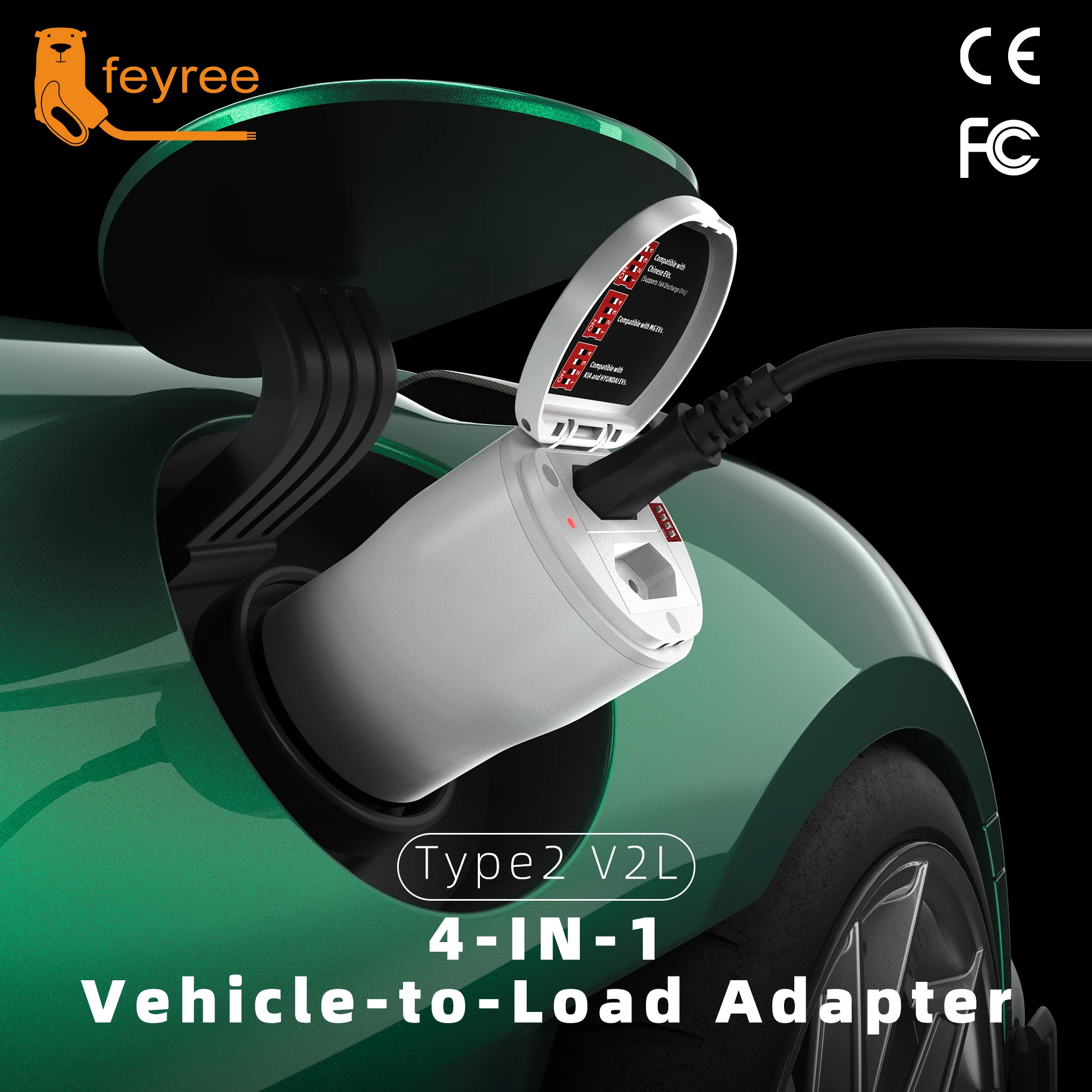 Feyree Type2 V2L Discharger Adapter for MG/Kia/Hyundai/Chinese EVs, Vehicle to Load Power Converter and Safety Switch for Campin