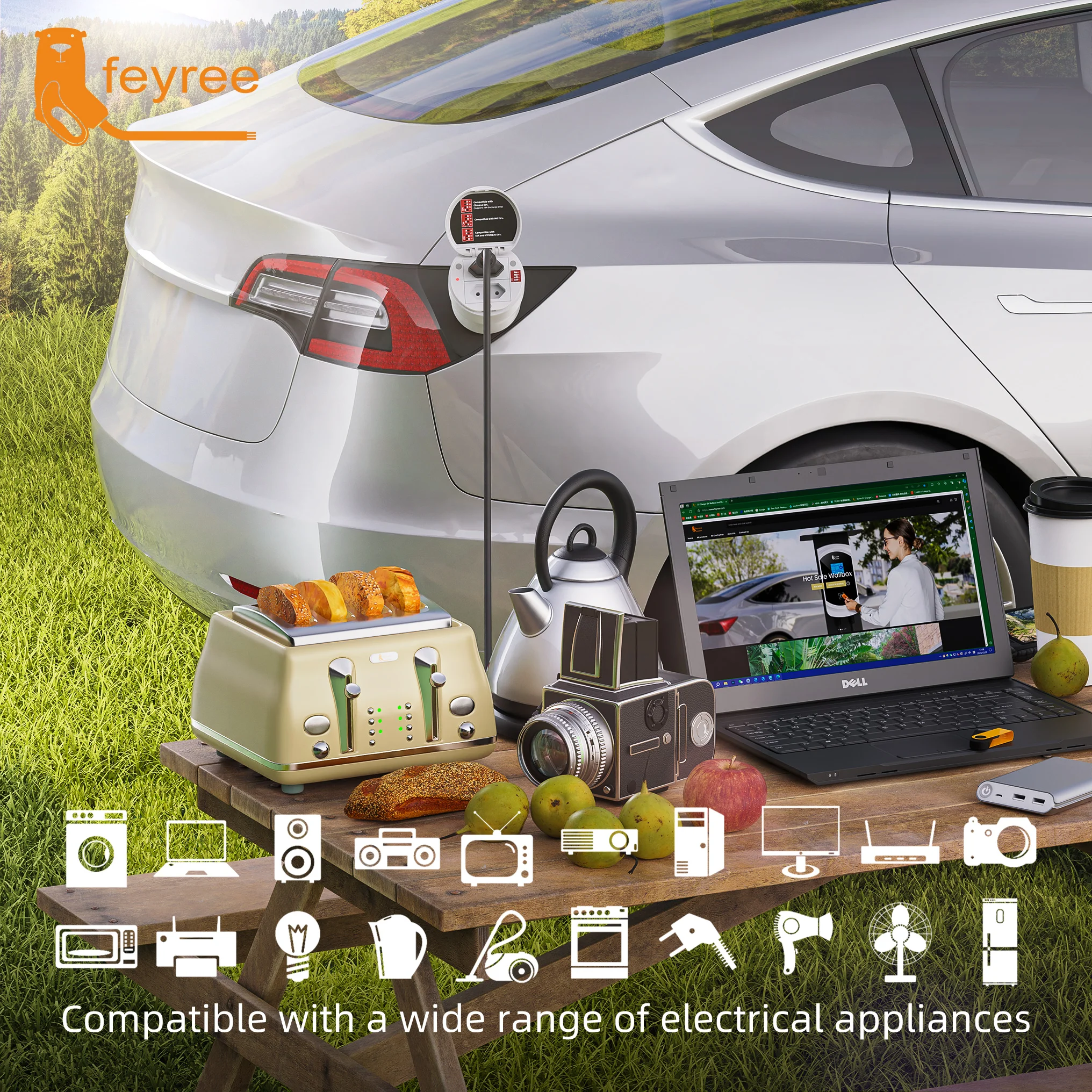 Feyree Type2 V2L Discharger Adapter for MG/Kia/Hyundai/Chinese EVs, Vehicle to Load Power Converter and Safety Switch for Campin