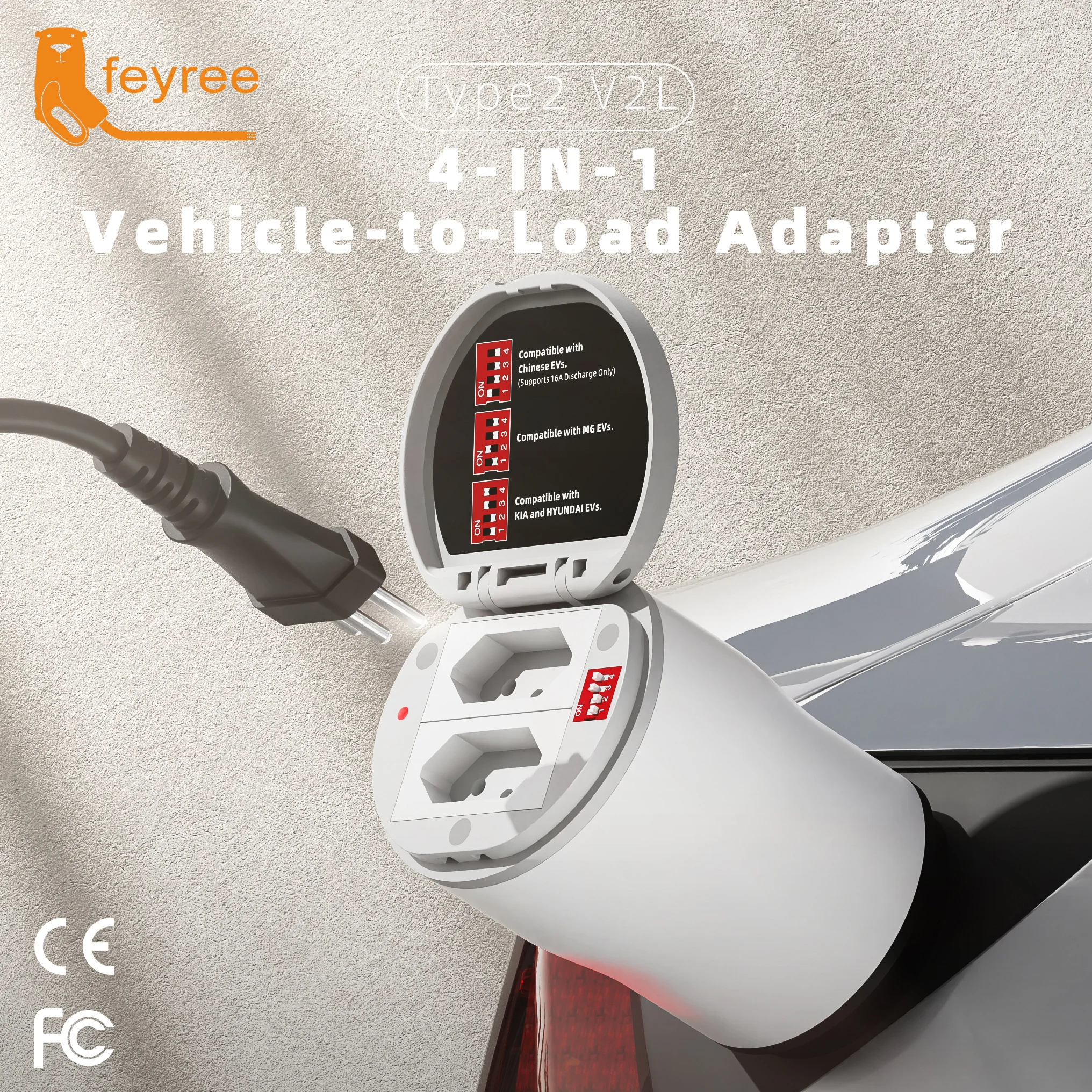 Feyree Type2 V2L Discharger Adapter for MG/Kia/Hyundai/Chinese EVs, Vehicle to Load Power Converter and Safety Switch for Campin