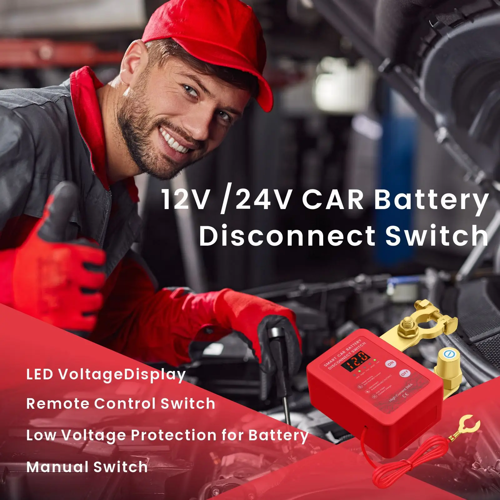 12V Kill Switch for Car Remote Battery Disconnect Switch Smart Voltage Car Battery Kill for Vehicle RV ATV Truck Boat with LED