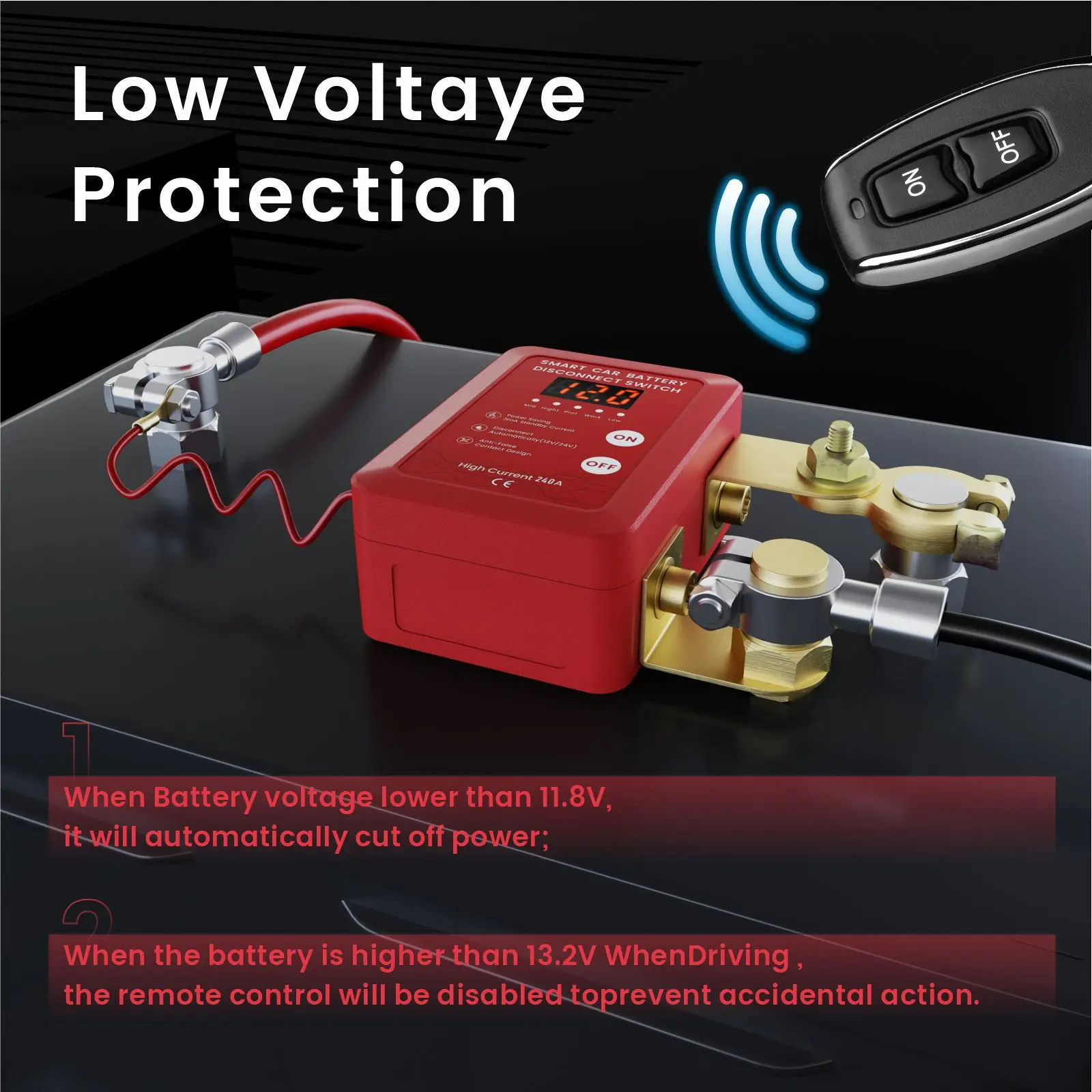 12V Kill Switch for Car Remote Battery Disconnect Switch Smart Voltage Car Battery Kill for Vehicle RV ATV Truck Boat with LED