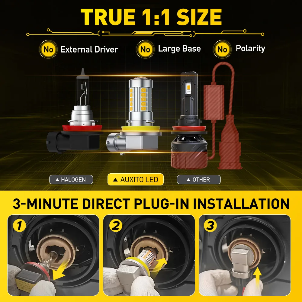AUXITO 2Pcs H11 H8 Fog LED Lamp Bulbs Light Canbus H9 H10 9145 9140 9006 HB4 No Error DRL Daytime Running Car Lamp 3000K Yellow