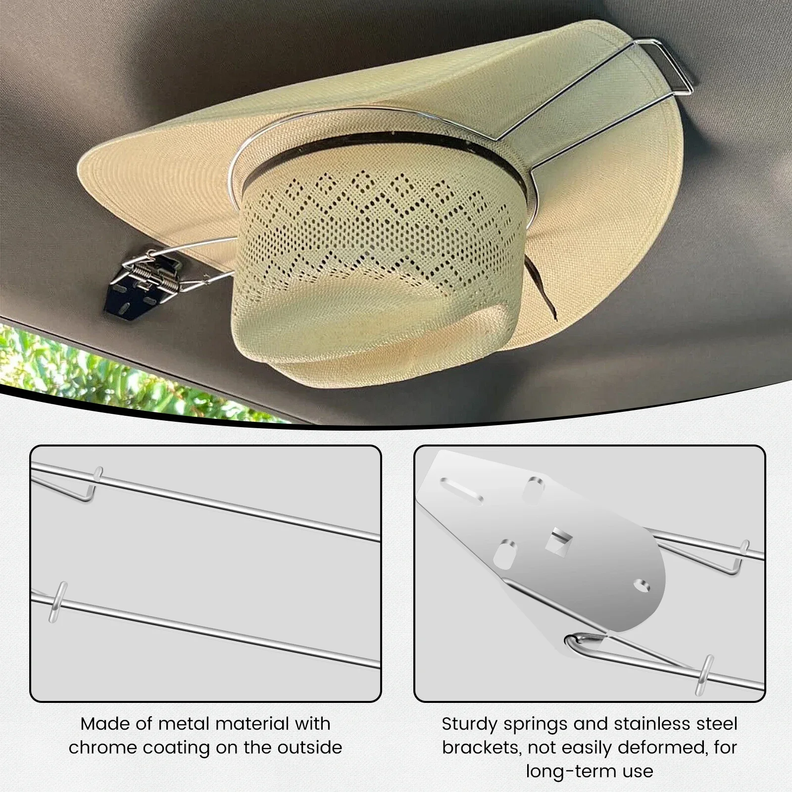 Stainless Steel Car Cowboy Hat Rack for Automotive Truck Heavy Duty Multi-Functional Car Western Hat Holder With Built in Spring