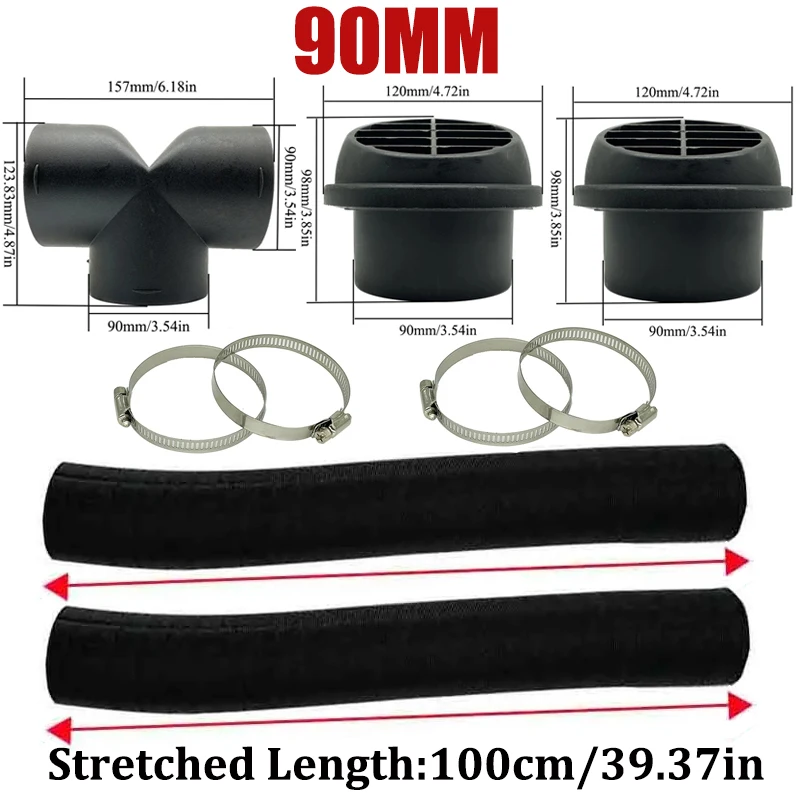 42mm 60mm 75mm 90mm Car Air Diesel Parking Heater 2x Air Outlet Vent + T/YPiece + Duct Pipe + 2x Clamps For Webasto Eberspacher