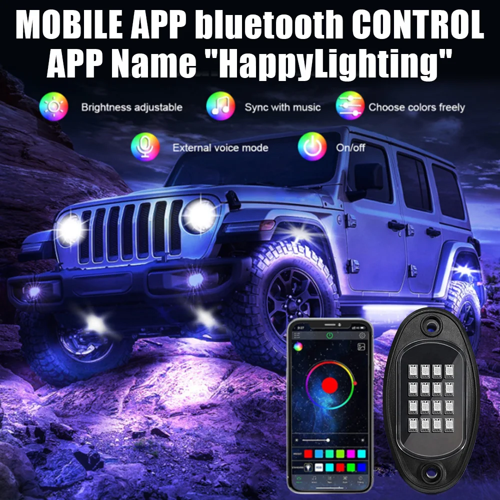 RGB LED Rock Lights Car Chassis Light Music Sync Undergolw For Jeep Off-Road Truck Boat Bluetooth APP Control 4/6/8 In 1