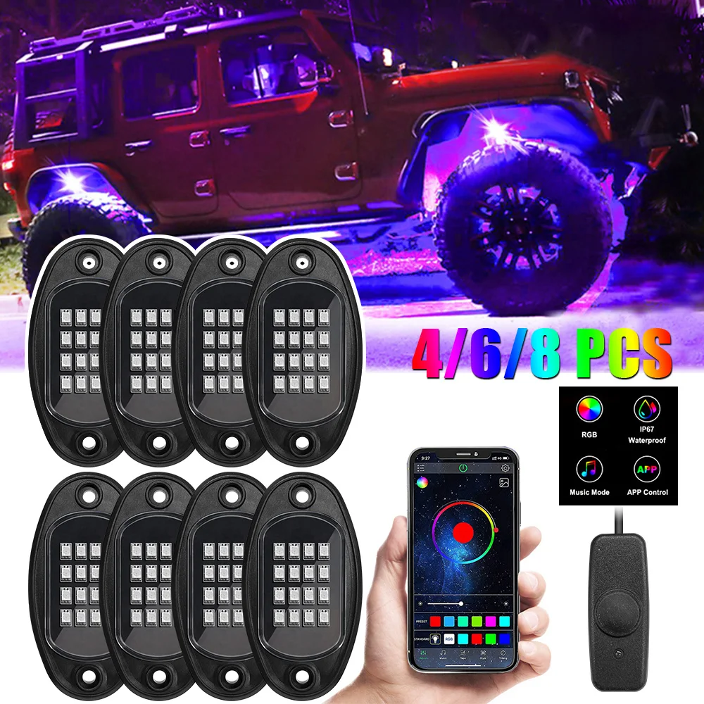 RGB LED Rock Lights Car Chassis Light Music Sync Undergolw For Jeep Off-Road Truck Boat Bluetooth APP Control 4/6/8 In 1
