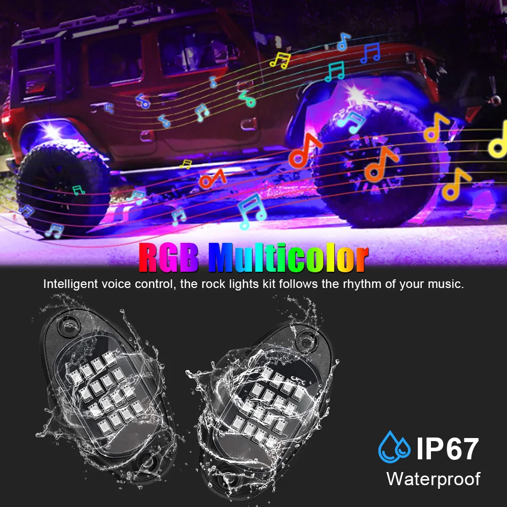 RGB LED Rock Lights Car Chassis Light Music Sync Undergolw For Jeep Off-Road Truck Boat Bluetooth APP Control 4/6/8 In 1