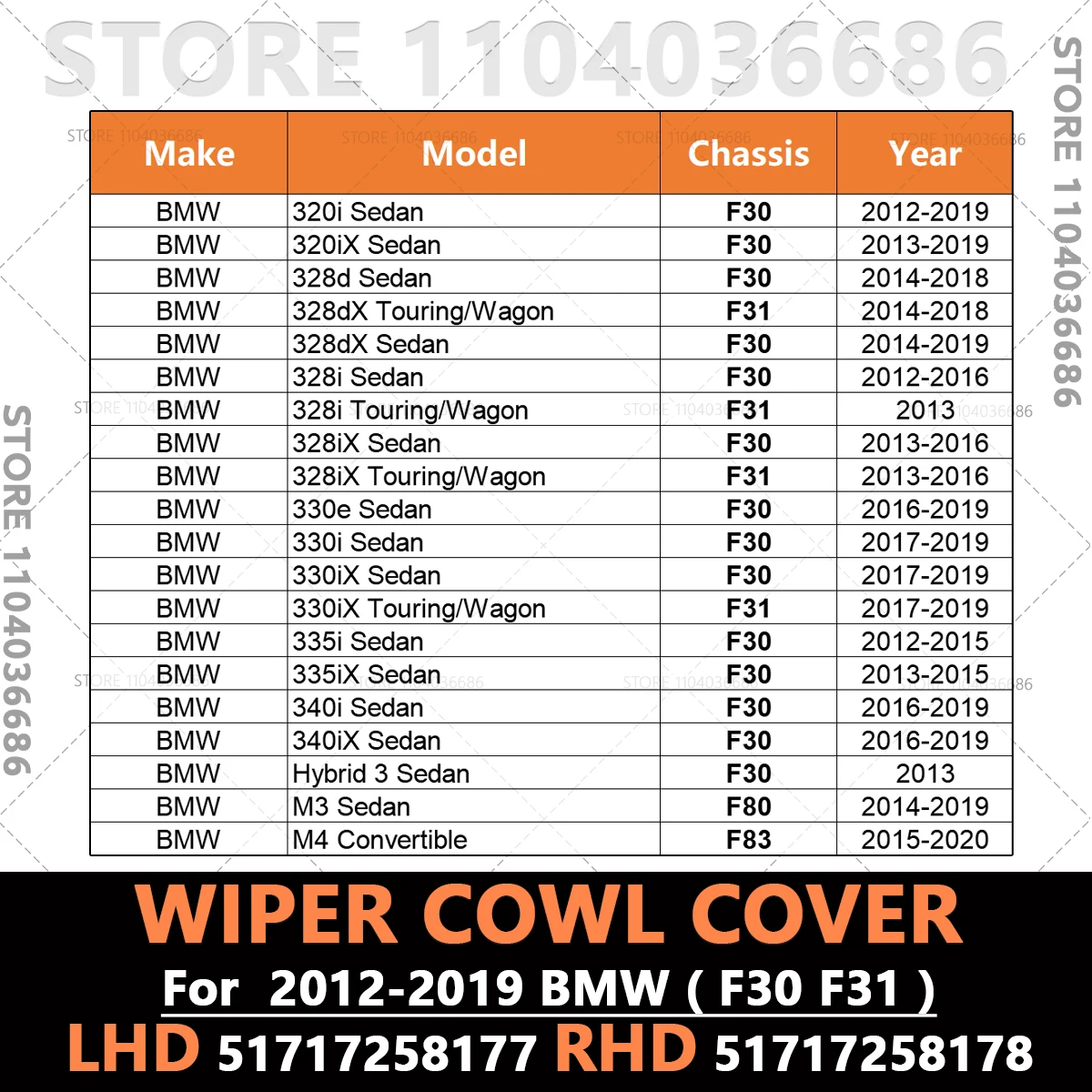 For 2012-2019 F30 F31 BMW 320i 328i 330i 335i 340i 328d 330e M3 M4 Windshield Wiper Cowl Cover LHD 51717258177 RHD 51717258178